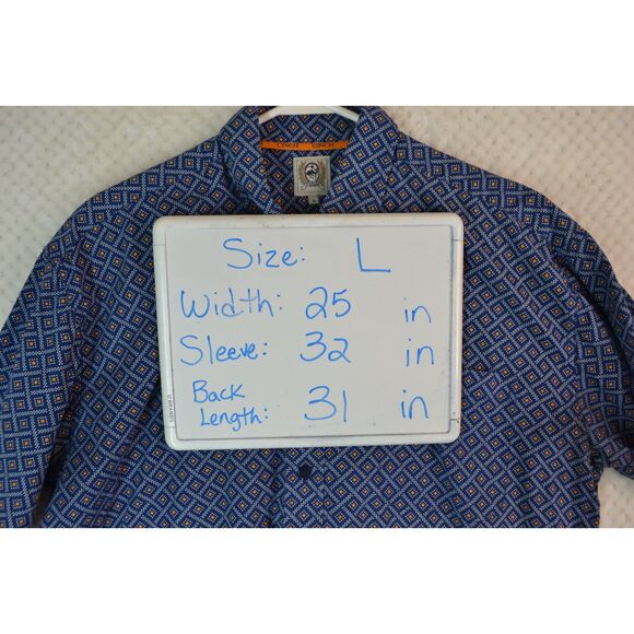 Cinch Men's Large Blue Orange Diamond Pattern Short Sleeve Button Down Shirt - Picture 11 of 13